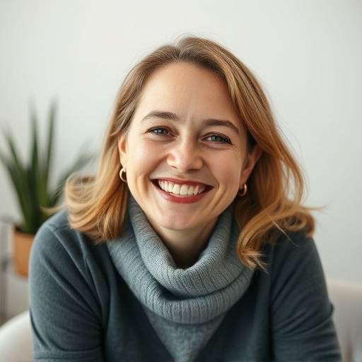 Een creatieve professional die lacht tijdens een fotoshoot
