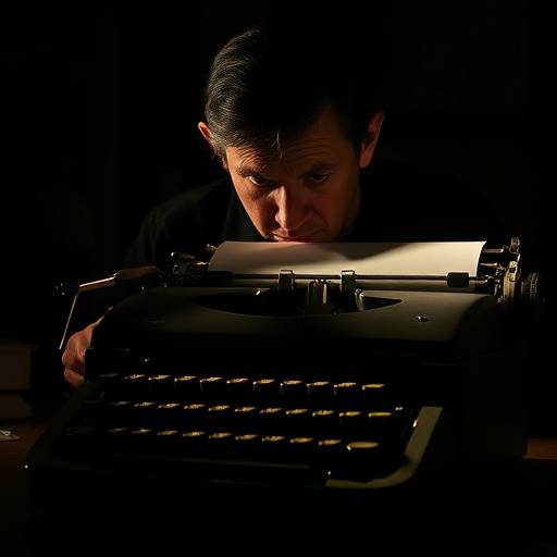 Schrijver met doordringende blik achter een typemachine
