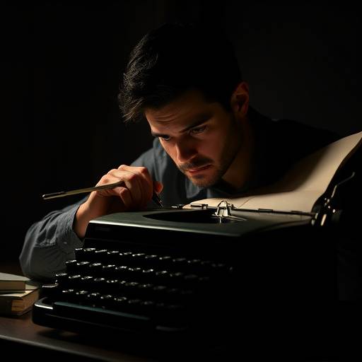 Schrijver met doordringende blik achter een typemachine