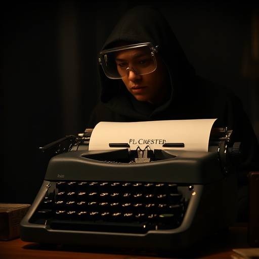 Schrijver met doordringende blik achter een typemachine